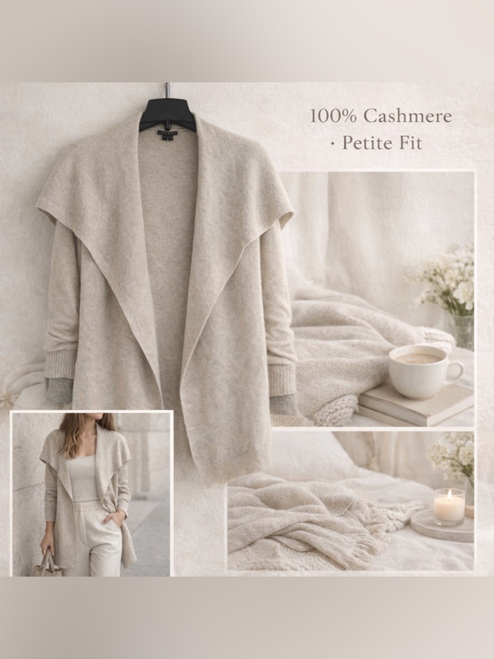 Theory 100% Cashmere Draped Open Front Cardigan Petite Beige Luxury Soft - Picture 3 of 5